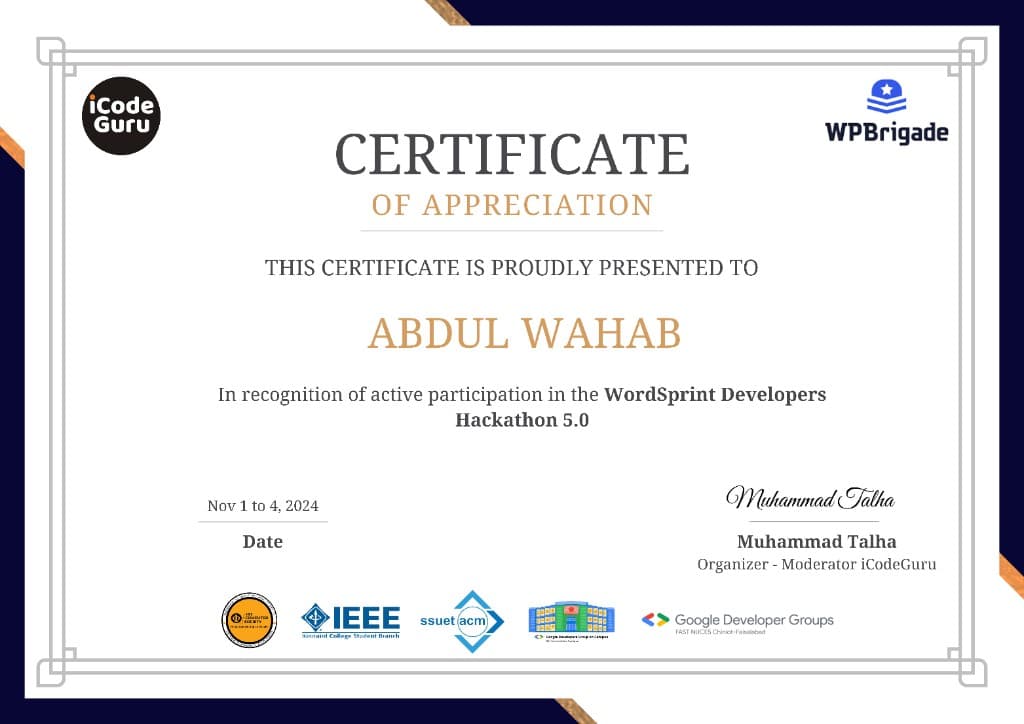 WordSprint Developers Hackathon 5.0 certificate